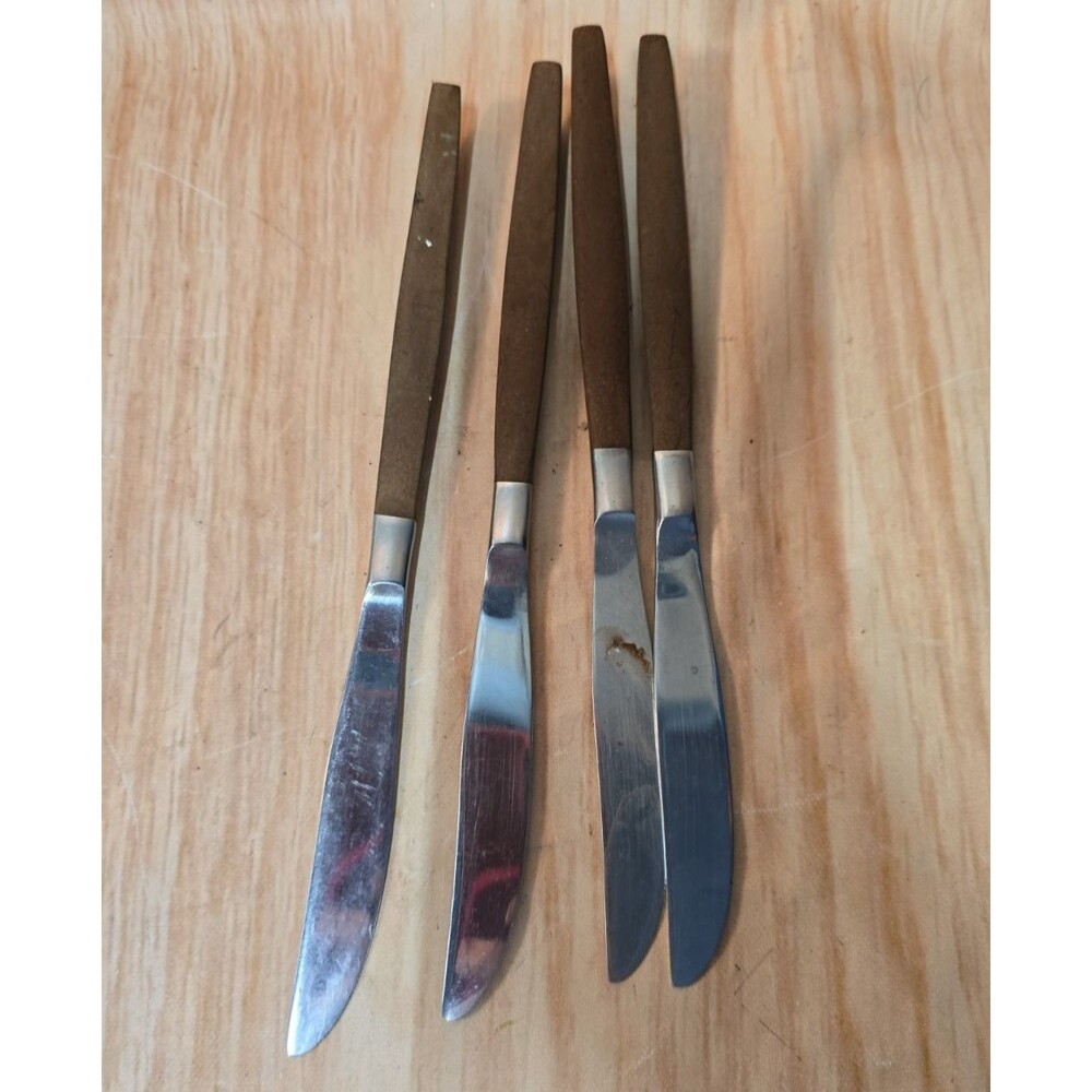 Lot Of 4 Vintage Woodwind Stainless Dinner Knives Brown Faux  Wood Handle MCM
